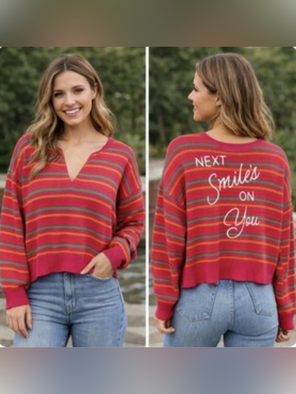 Kerri Rosenthal Pink Striped V-Neck Sweater with Stripes Next Smiles on you